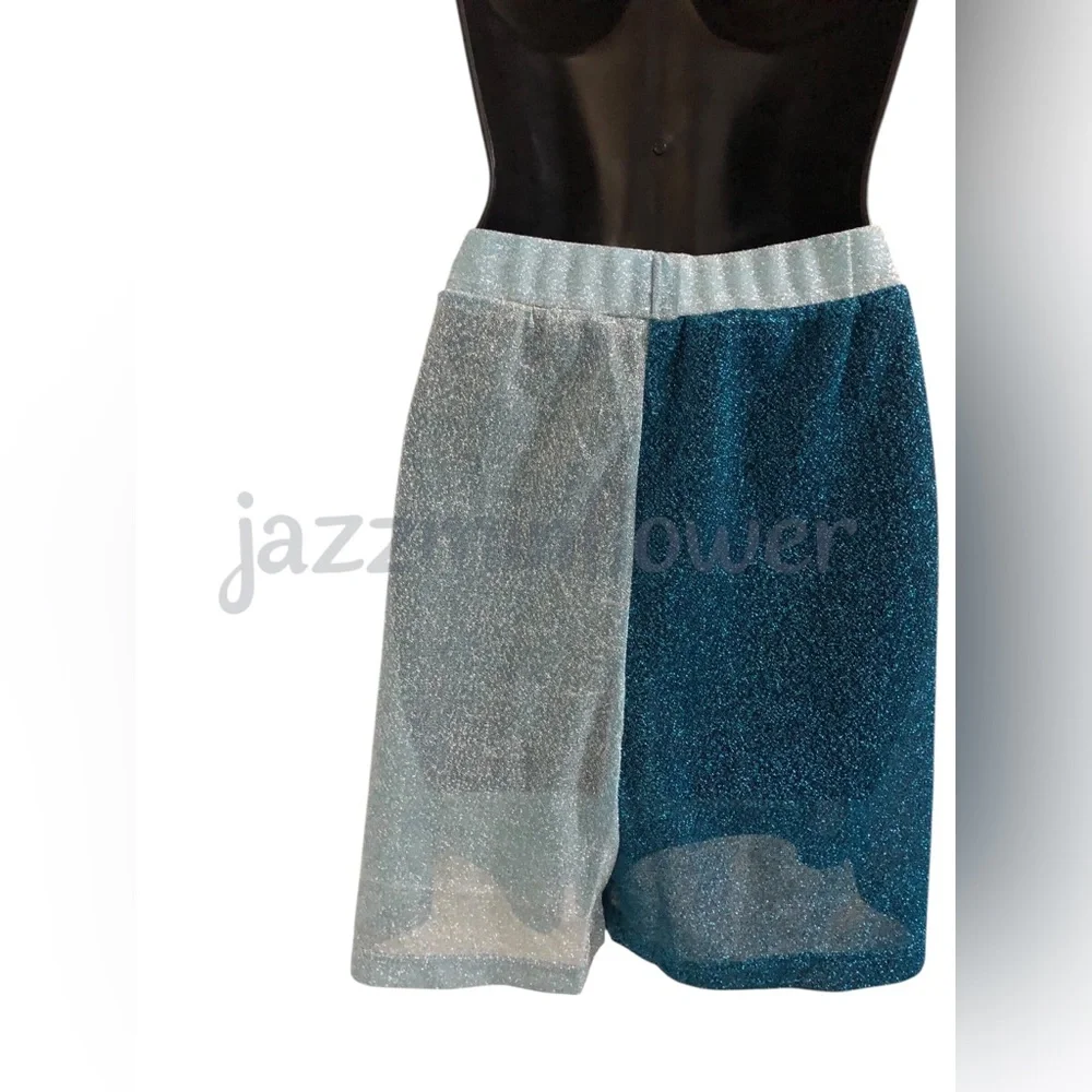 Kurt Geiger blue shimmer colorblock sheer swim cover up shorts size large‎ new
